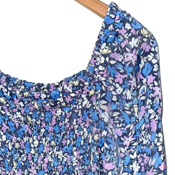 Nanette Lepore Blue Floral Smocked Peasant Blouse Size Small - Picture 3 of 10